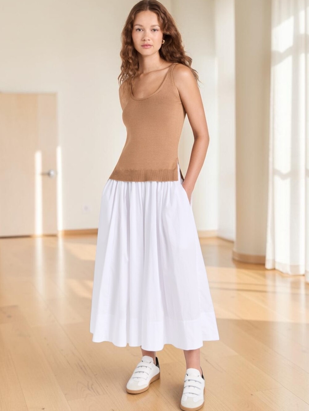 STAUD Knit Bodice Mixed Media Midi Dress XS Camel White $375